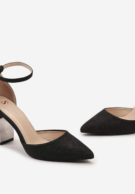 Czarne Połyskujące Czółenka na Słupku Dervia