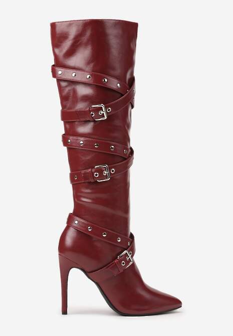 Bordowo-Czerwone Kozaki Bikery na Szpilce z Klamrami i Paskami Jurisse