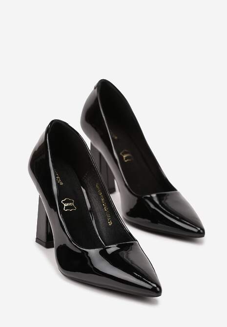 Czarne Lakierowane Czółenka na Słupku Vices z Wkładką ze Skóry Naturalnej Rocce