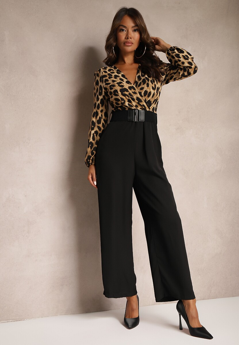 Brązowy Elegancki Kombinezon Ozdobiony Wzorem w Panterkę i Paskiem Vailisea