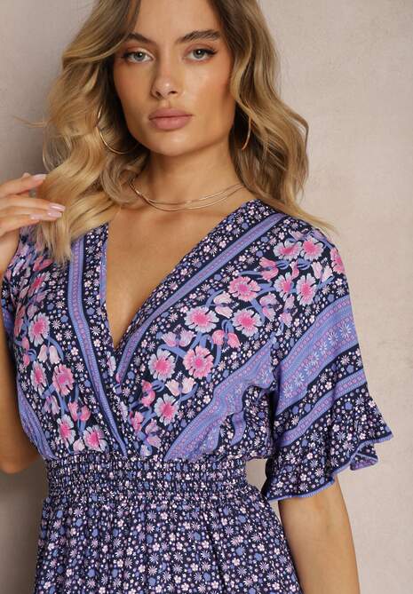 Granatowy Kopertowy Kombinezon Bawełniany z Cienkimi Gumeczkami w Pasie Zapinany na Szyi Orithiama