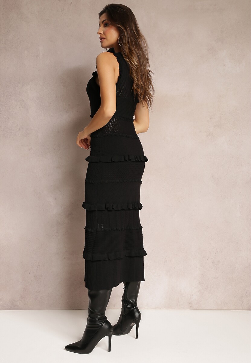 Czarna Taliowana Sukienka Sweterkowa z Falbankami Jaallee