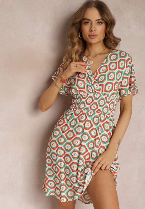 Pomarańczowa Kopertowa Sukienka Mini z Gumką w Talii z Wiskozy Samata