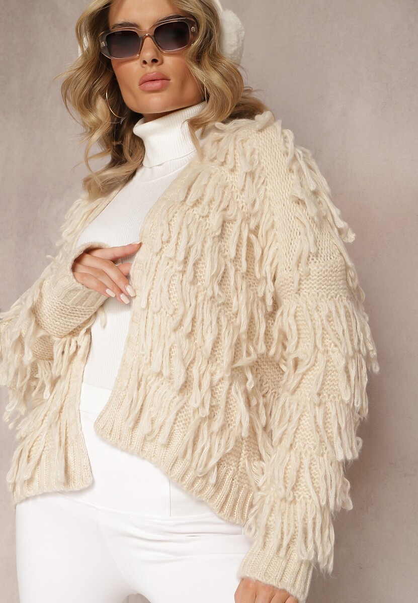 Szary Niezapinany Kardigan z Frędzlami Segentri