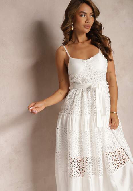 Biała Ażurowa Sukienka o Rozkloszowanym Kroju na Ramiączkach z Materiałowym Paskiem Residia