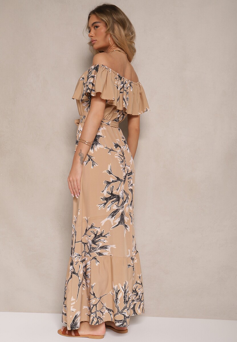 Ciemnobeżowa Rozkloszowana Sukienka Hiszpanka z Wiązaniem w Talii Sesalira