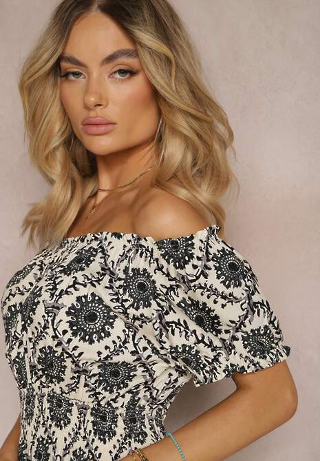 Szaro-Beżowa Sukienka z Wiskozy o Kroju Hiszpanki z Gumką w Pasie Zilalina