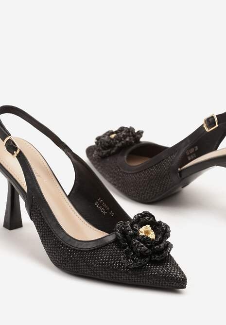 Czarne Plecione Sandały na Szpilce z Odkrytą Piętą i Kwiatową Aplikacją Sillifia