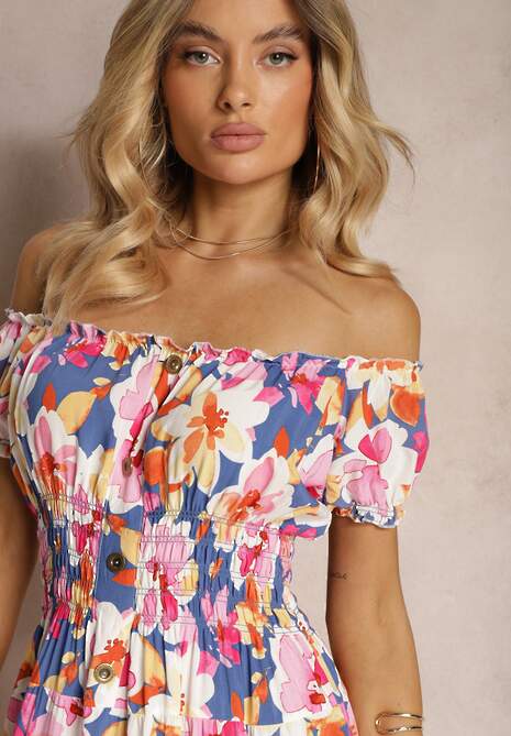 Niebiesko-Różowa Taliowana Sukienka z Bawełny Wykończona Gumką w Talii i Guzikami Nelianne