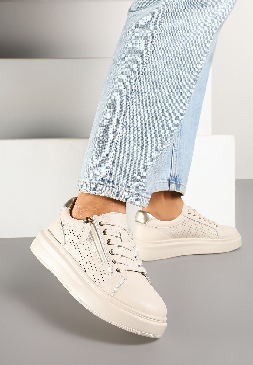 Czarne Sneakersy ze Skóry Naturalnej ze Skórzaną Wkładką i Perforacją Falothra