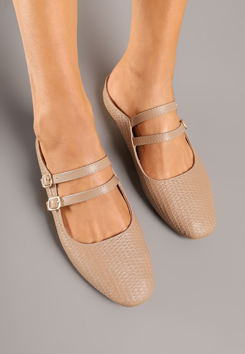 Ciemnobeżowe Klapki Balerinki Ozdobione Paseczkami Davissae