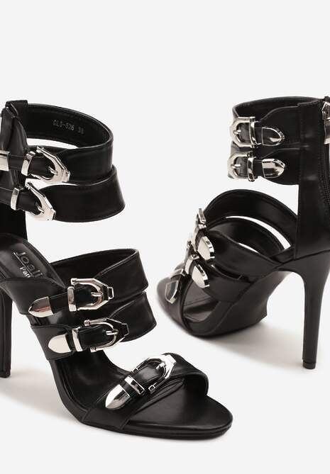 Czarne Sandały na Szpilce z Klamrami i Paskami Lavilione
