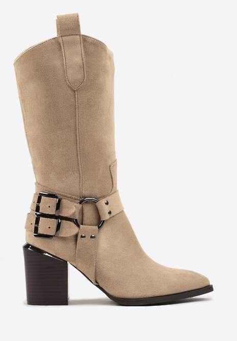 Ciemnobeżowe Kozaki Kowbojki w Stylu Bikerów na Słupku Ansabelle