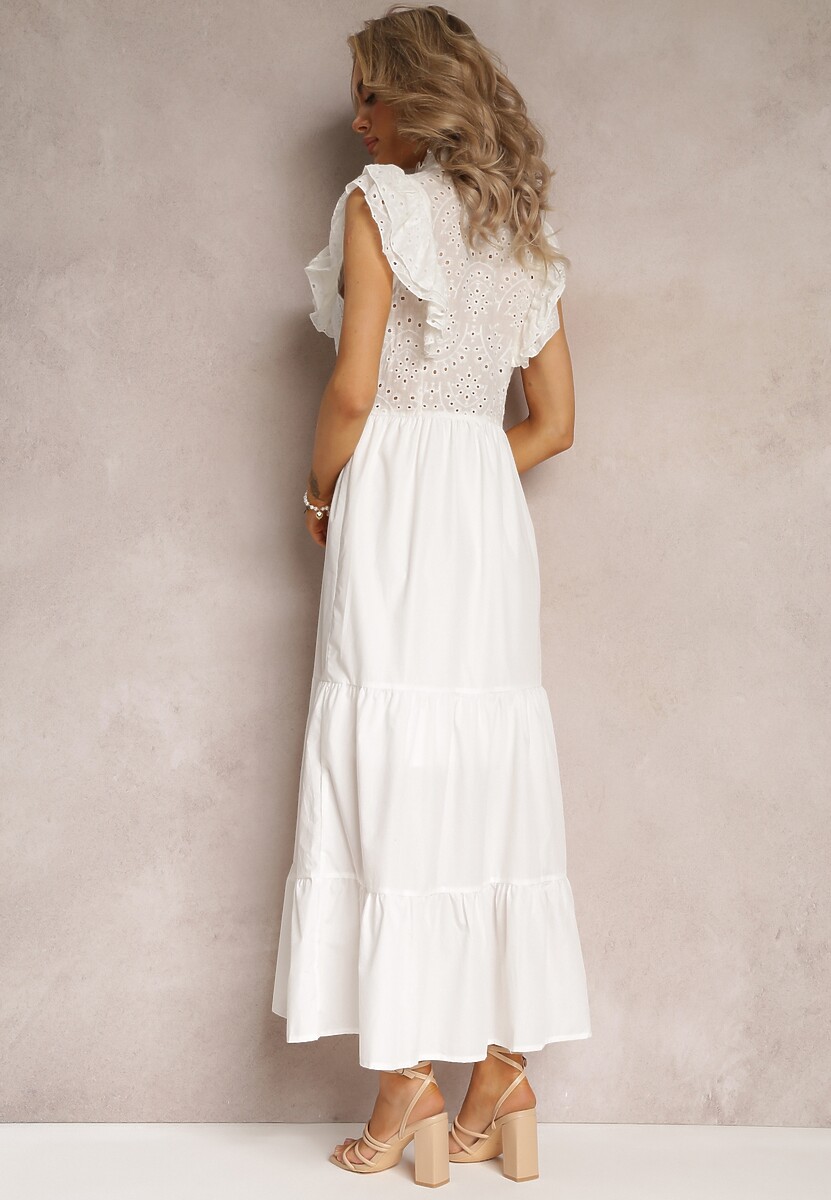 Biała Maxi Sukienka o Rozkloszowanym Fasonie z Zapięciem na Guziki i Haftami Adriyah