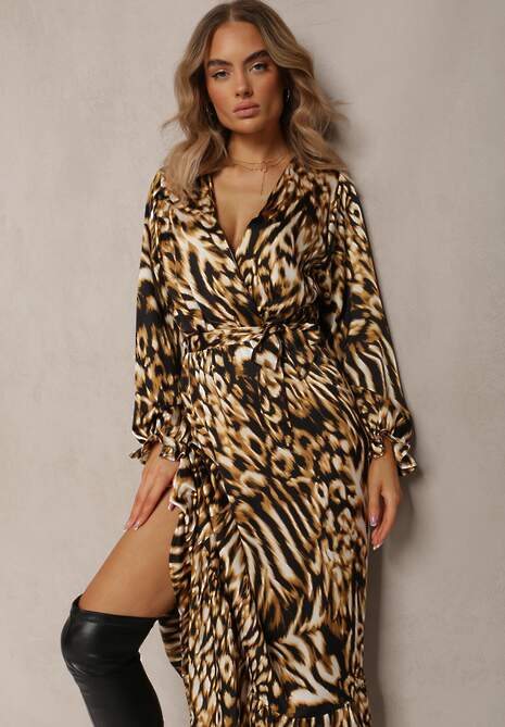 Brązowa Rozkloszowana Sukienka z Gumką w Talii i Kopertowym Dekoltem Janiis