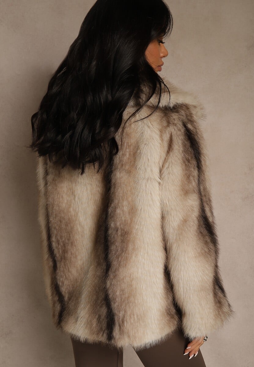 Beżowa Jednorzędowa Kurtka Futerko z Szerokim Kołnierzem Tesandra