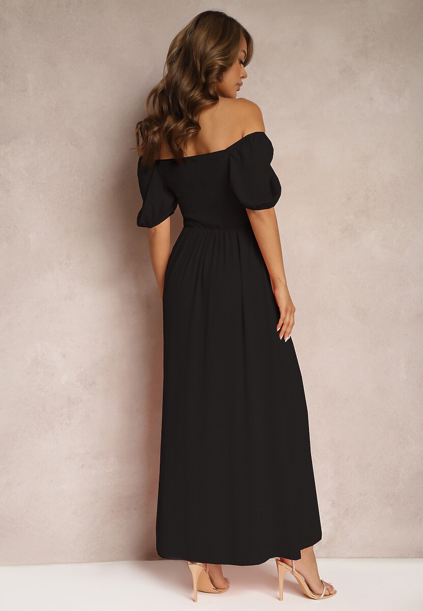 Czarna Sukienka Wieczorowa z Hiszpańskim Dekoltem i Rozcięciem Vikiya