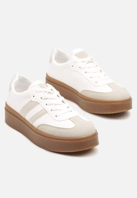 Biało-Beżowe Klasyczne Sneakersy Tenisówki na Niskiej Platformie Denirla