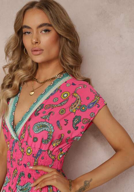 Różowa Rozkloszowana Sukienka Maxi z Printem Paisley z Gumką w Pasie Zoenia