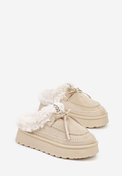 Beżowe Rustykalne Śniegowce z Niską Cholewką Zdobione Futrem i Kokardą Tuspena