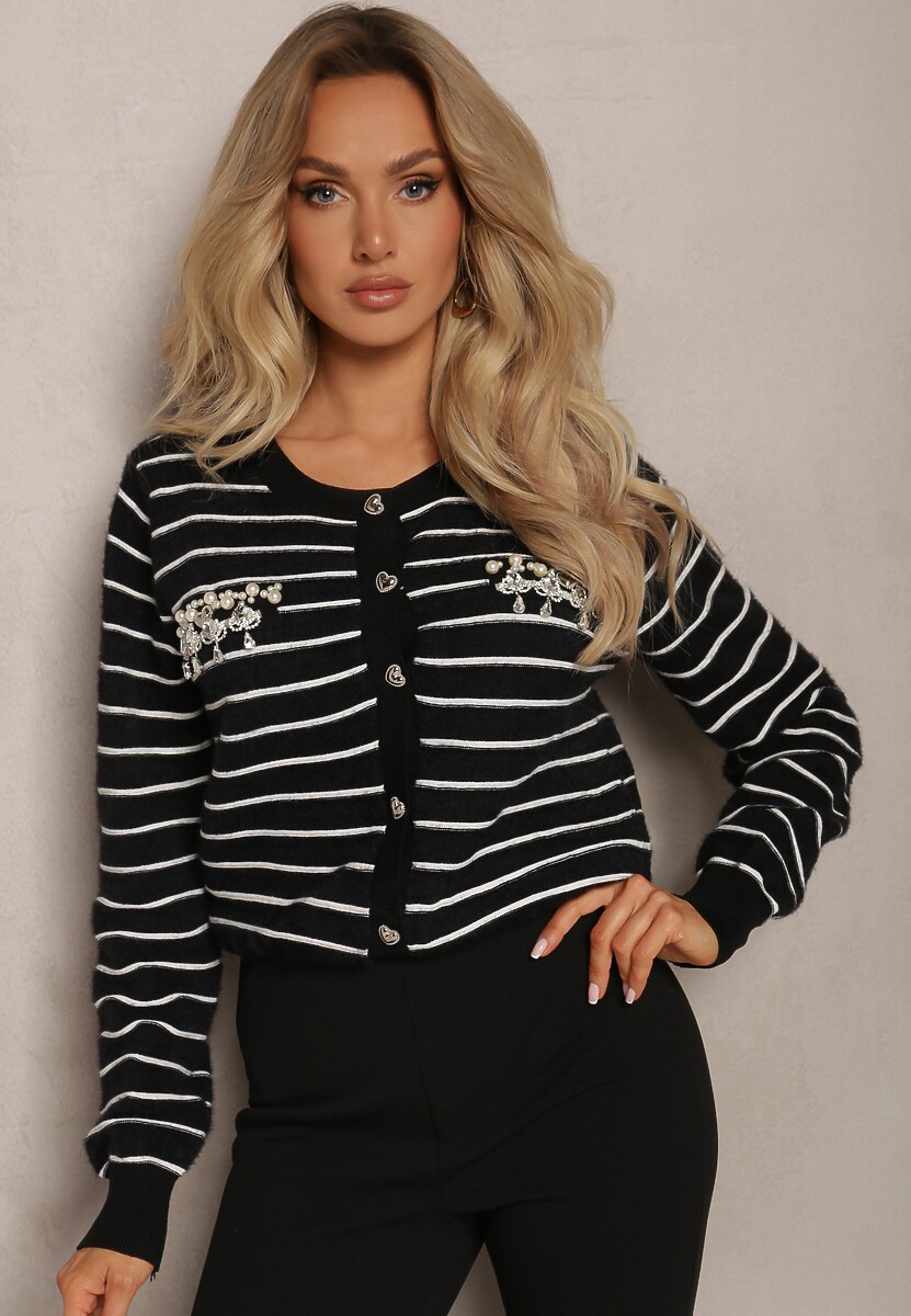 Czarny Kardigan z Wiskozy Ozdobiony Guzikami Cyrkoniami oraz Koralikami w Paski Sereia