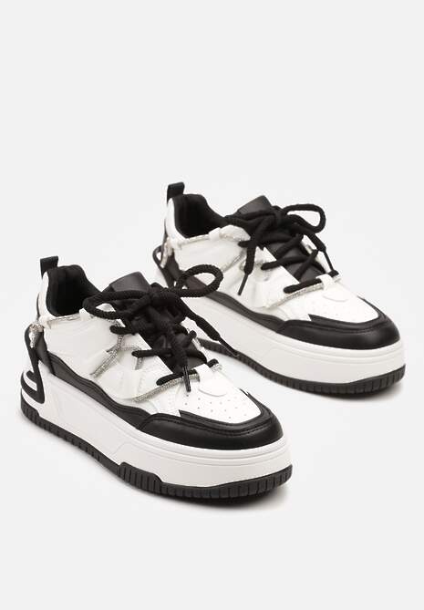 Biało-Czarne Sneakersy na Platformie z Paskiem z Cyrkonii Aneolin