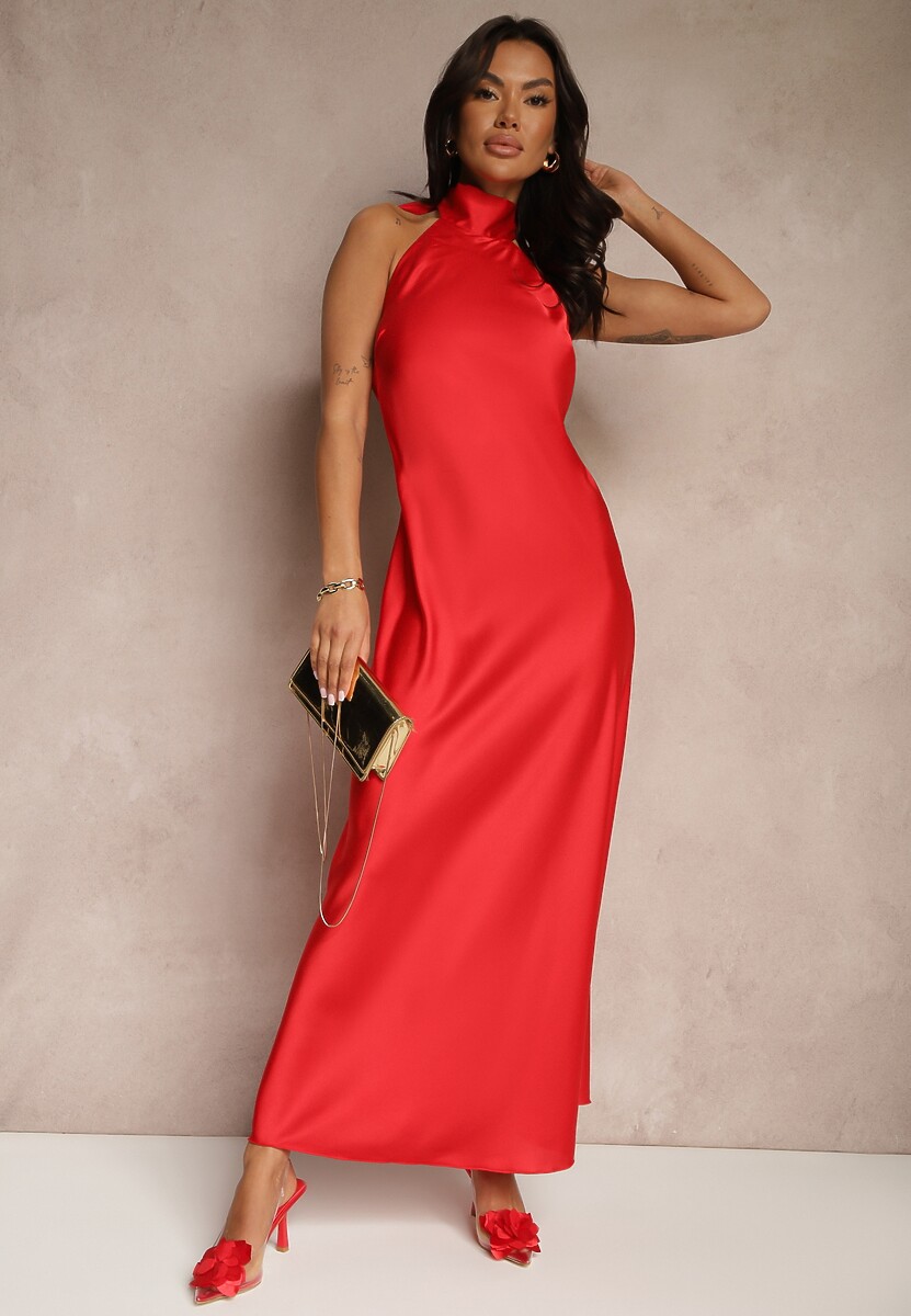 Beżowa Sukienka Satynowa z Dekoltem Halter i Odkrytymi Plecami Belas