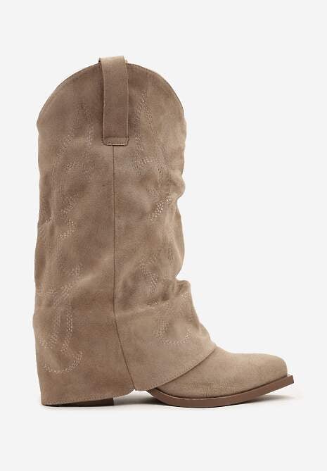 Ciemnobeżowe Botki Kowbojki z Cholewką Imitującą Nogawkę Zellaxie