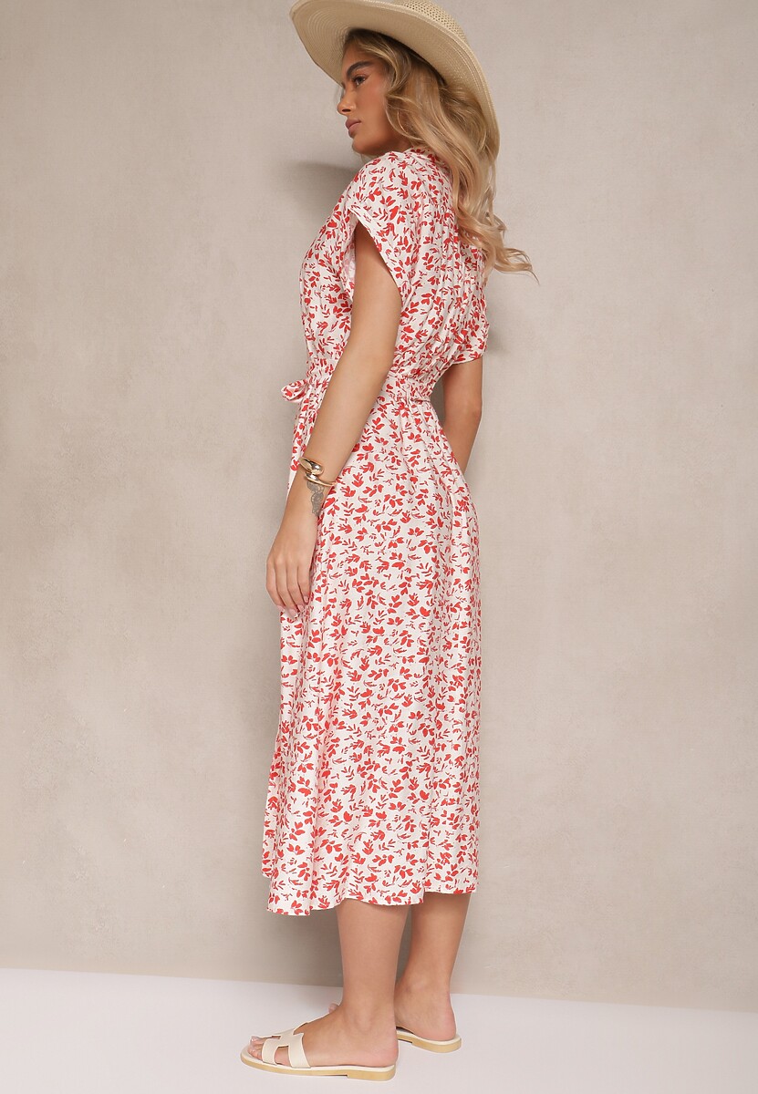 Czerwona Koszulowa Sukienka z Bawełny w Kwiatowy Print z Wiązanym Paskiem Amoisse