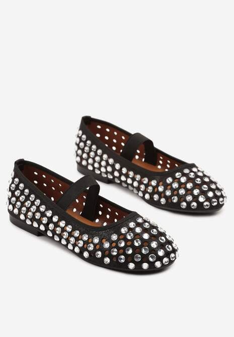 Czarne Balerinki Ozdobione Ażurową Cholewką i Cyrkoniami Aseleldi
