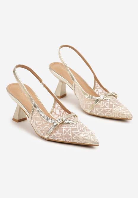 Złote Sandały Vices na Obcasie z Haftowanej Siateczki Telaniriel