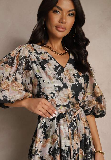 Czarna Rozkloszowana Sukienka z Wiskozy w Kwiatowy Wzór z Wiązaniem Redilina