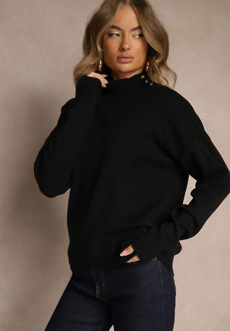 Czarny Gładki Golf Zdobiony Guzikami przy Dekolcie Rallessa