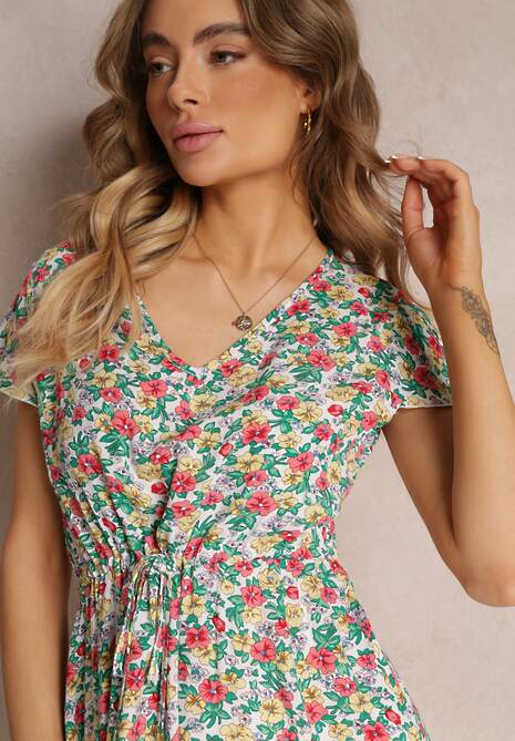 Biało-Zielona Kwiecista Sukienka Mini z Wiskozy z Krótkim Rękawem Ayela