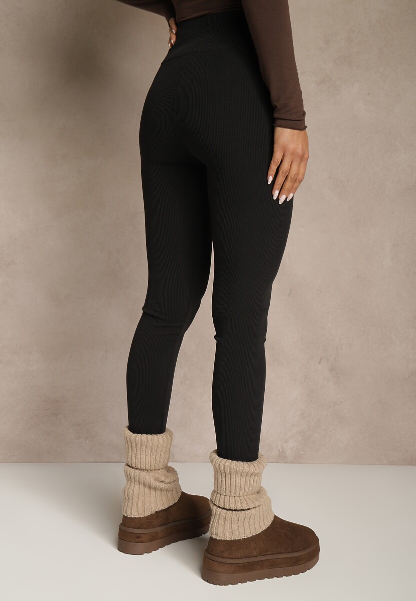 Czarne Legginsy z Prążkowanej Tkaniny z Szeroką Gumką w Pasie Lanoriae