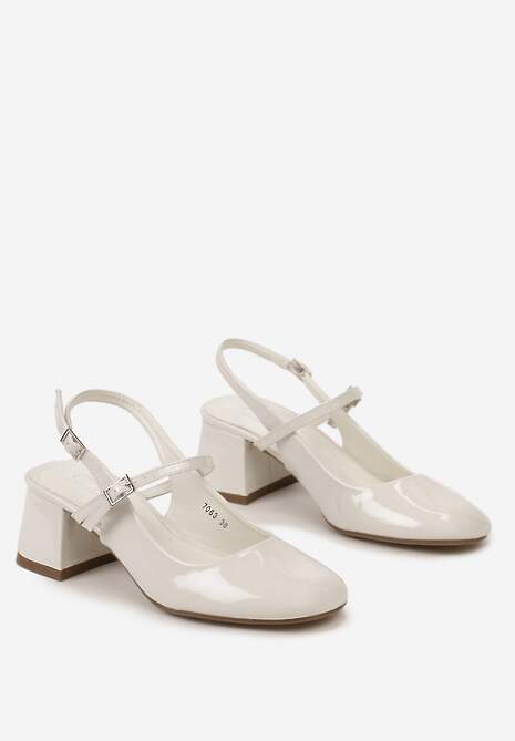 Białe Lakierowane Czółenka na Słupku Zapinane na Dwa Paseczki Budovica