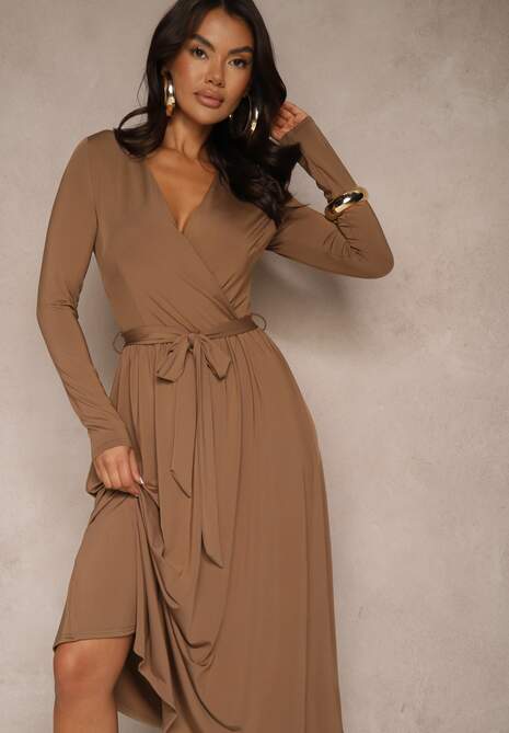 Brązowa Taliowana Sukienka z Paskiem z Domieszką Wiskozy Hrestalia