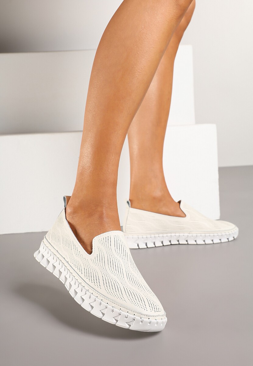 Beżowe Tenisówki ze Skóry Naturalnej Zdobione Perforacją Gonessea