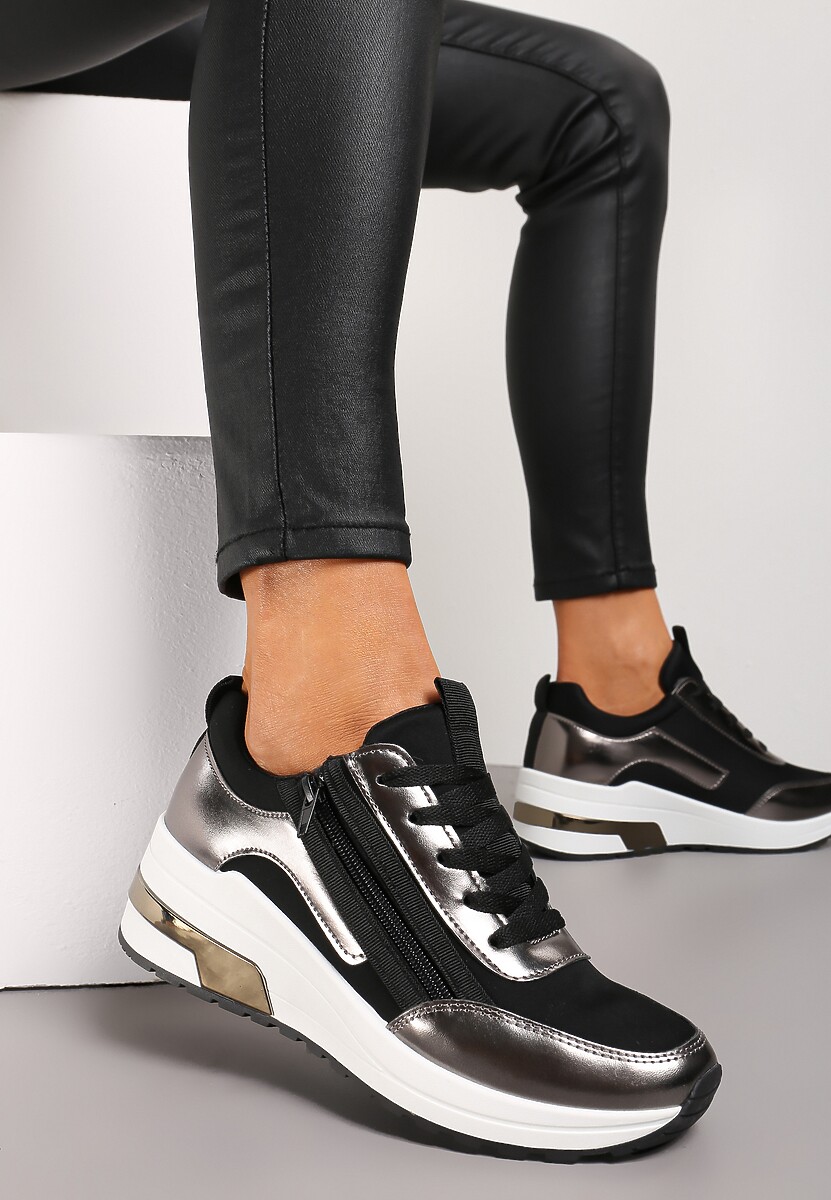 Czarne Sneakersy z Ekoskóry z Połyskującymi Detalami i Ozdobnym Zamkiem Raviles