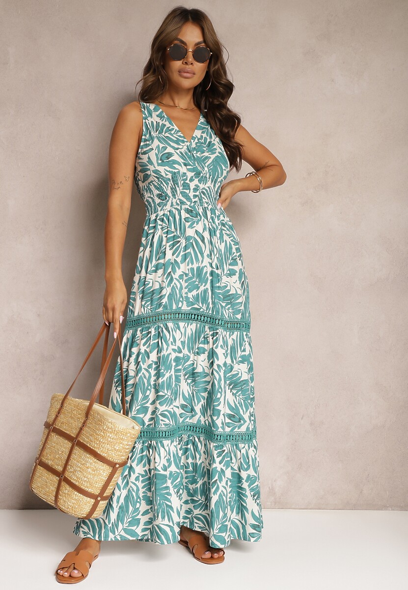 Zielona Sukienka a Kwiatowa Sukienka Zdobiona Wiązaniem z Tyłu i Gumką w Pasie Rivattia