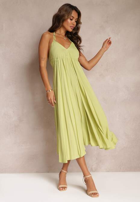 Zielona Sukienka Midi z Wiskozy i Wiązaniem na Szyi Alleve
