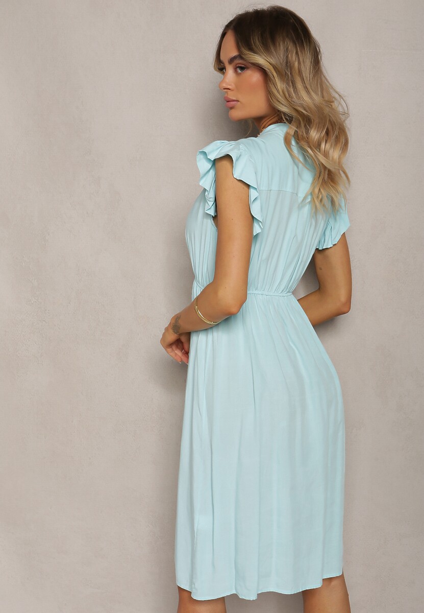 Jasnoniebieska Sukienka Rozkloszowana z Gumką w Talii i Wiązaniem przy Dekolcie Naque