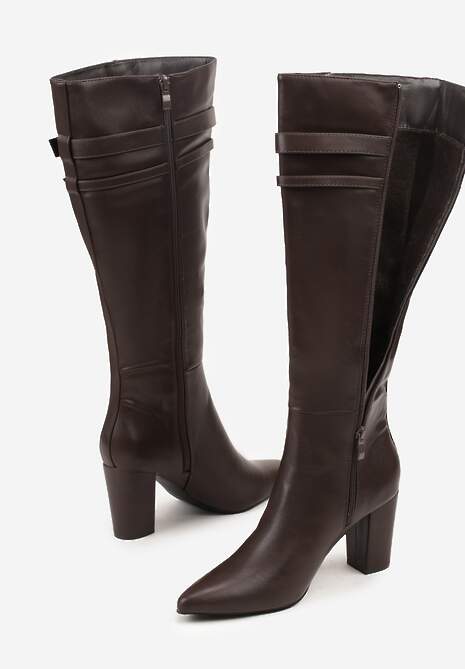 Brązowe Kozaki do Kolan na Słupkowym Obcasie ze Sprzączkami na Paskach Miobela