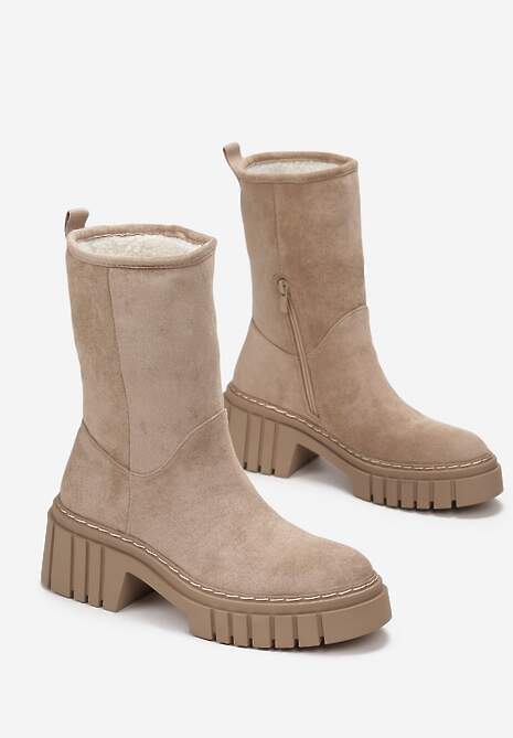 Ciemnobeżowe Botki na Grubej Podeszwie Lymall