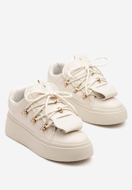 Beżowe Sneakersy na Platformie Ozdobione Wstawką i Rzemykami na Języku Barilsa