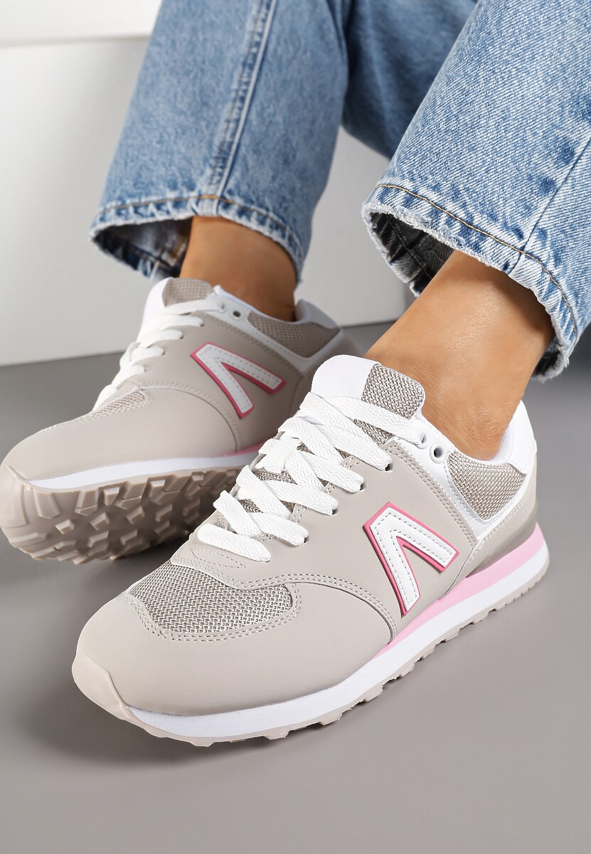 Beżowo-Szare Sneakersy Ozdobione Geometrycznym Motywem Rilenessa