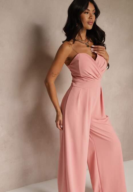 Różowy Kombinezon na Cienkich Ramiączkach z Kopertowym Dekoltem i Szerokimi Nogawkami Jovantia