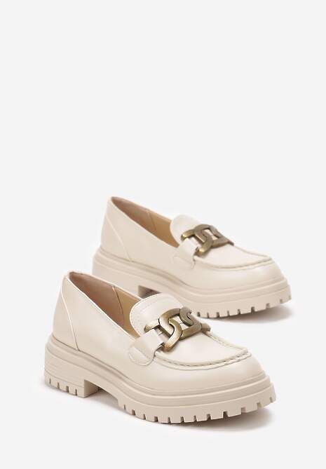 Beżowe Mokasyny na Grubej Podeszwie z Metalową Ozdobą Cantia