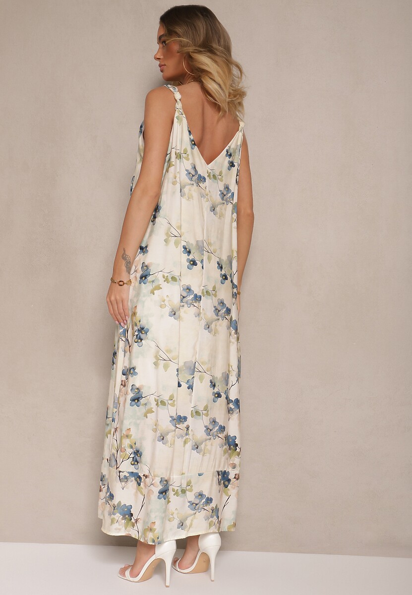 Beżowo-Niebieska Rozkloszowana Sukienka na Ramiączkach z Wiskozą w Kwiatowy Wzór Jenariona
