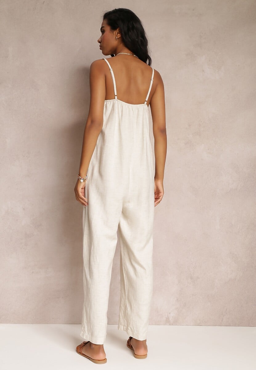 Beżowy Kombinezon na Regulowanych Ramiączkach z Długimi Nogawkami z Bawełny Myrcela